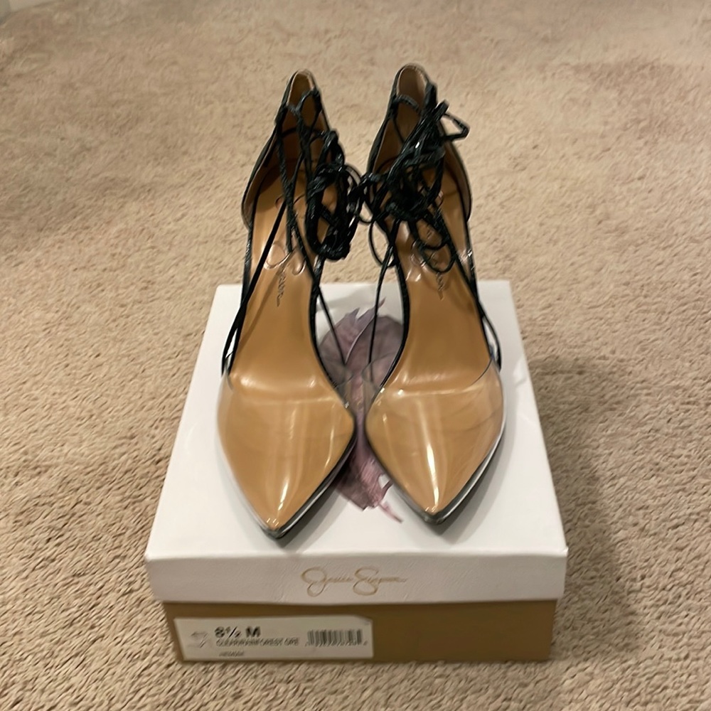 Women’s Jessica Simpson sandal pump. Strap ties around ankle.